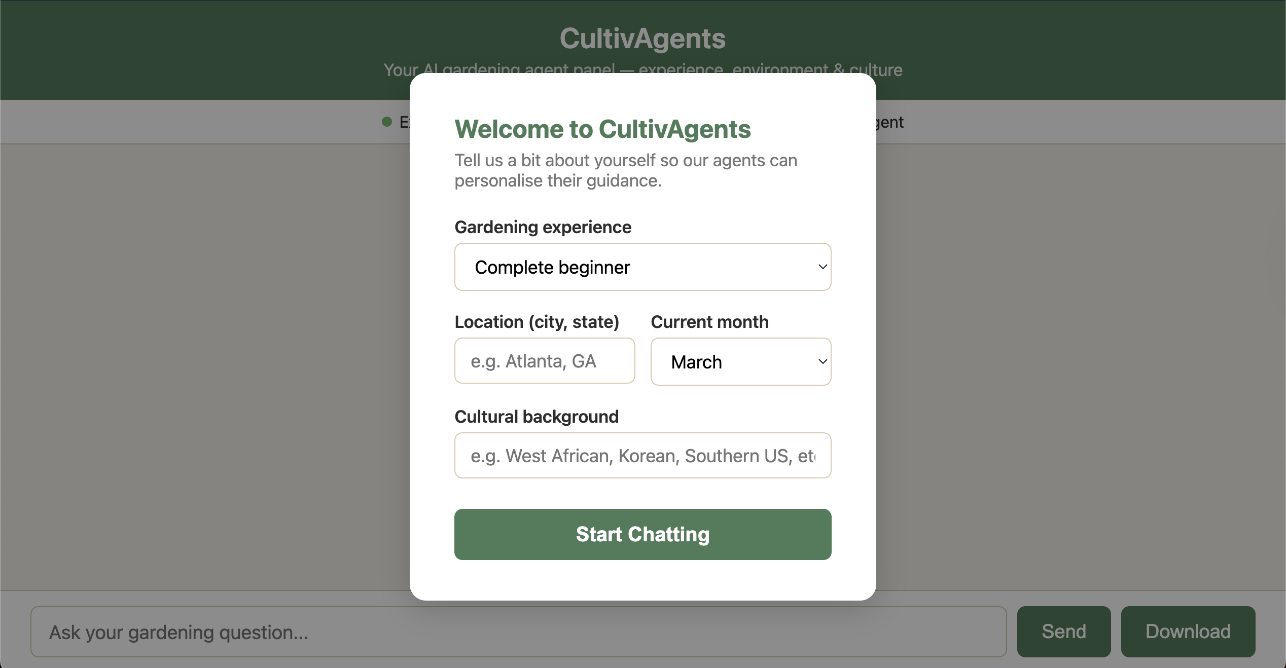 Onboarding modal collecting gardening experience, location, current month, and cultural background.