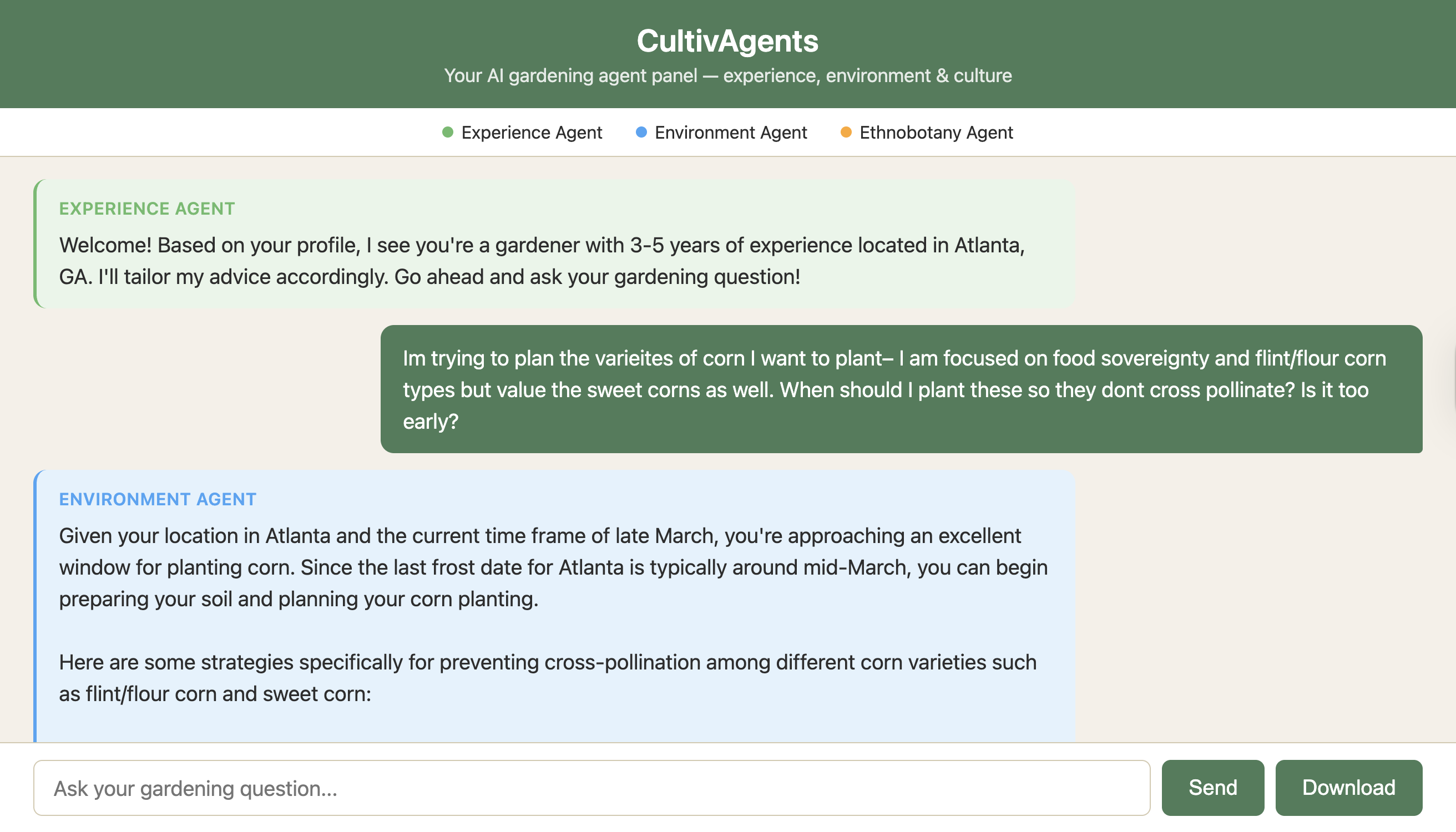 CultivAgents chat interface showing color-coded turns from Experience (green), Environmental (blue), and Ethnobotanical (orange) agents.
