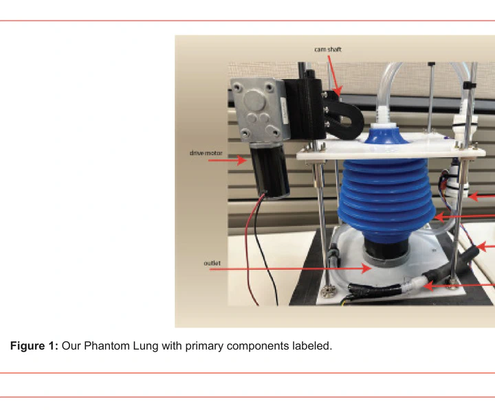 Photograph of the phantom-lung device with cam shaft, drive motor, outlet, and bellows labeled.
